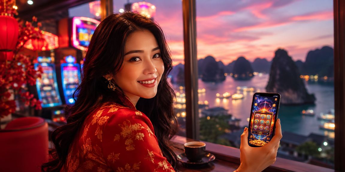 Người dùng Hạ Long truy cập casino trên điện thoại tại quán cà phê ven vịnh